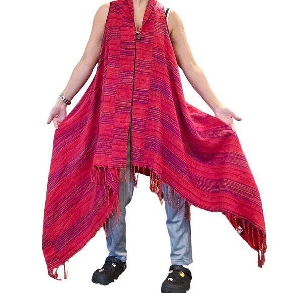 VTG 90s Wool Blend Red Pink Boho Wrap Duster Fringe Multi-wear Festival Hippie - Picture 5 of 13